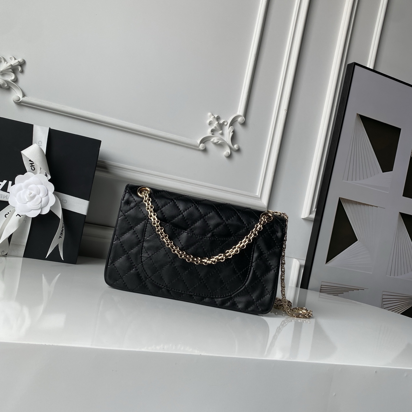 2.55 Reissue Black Quilted Calfskin Flap Handbag with Light Gold-Tone Hardware