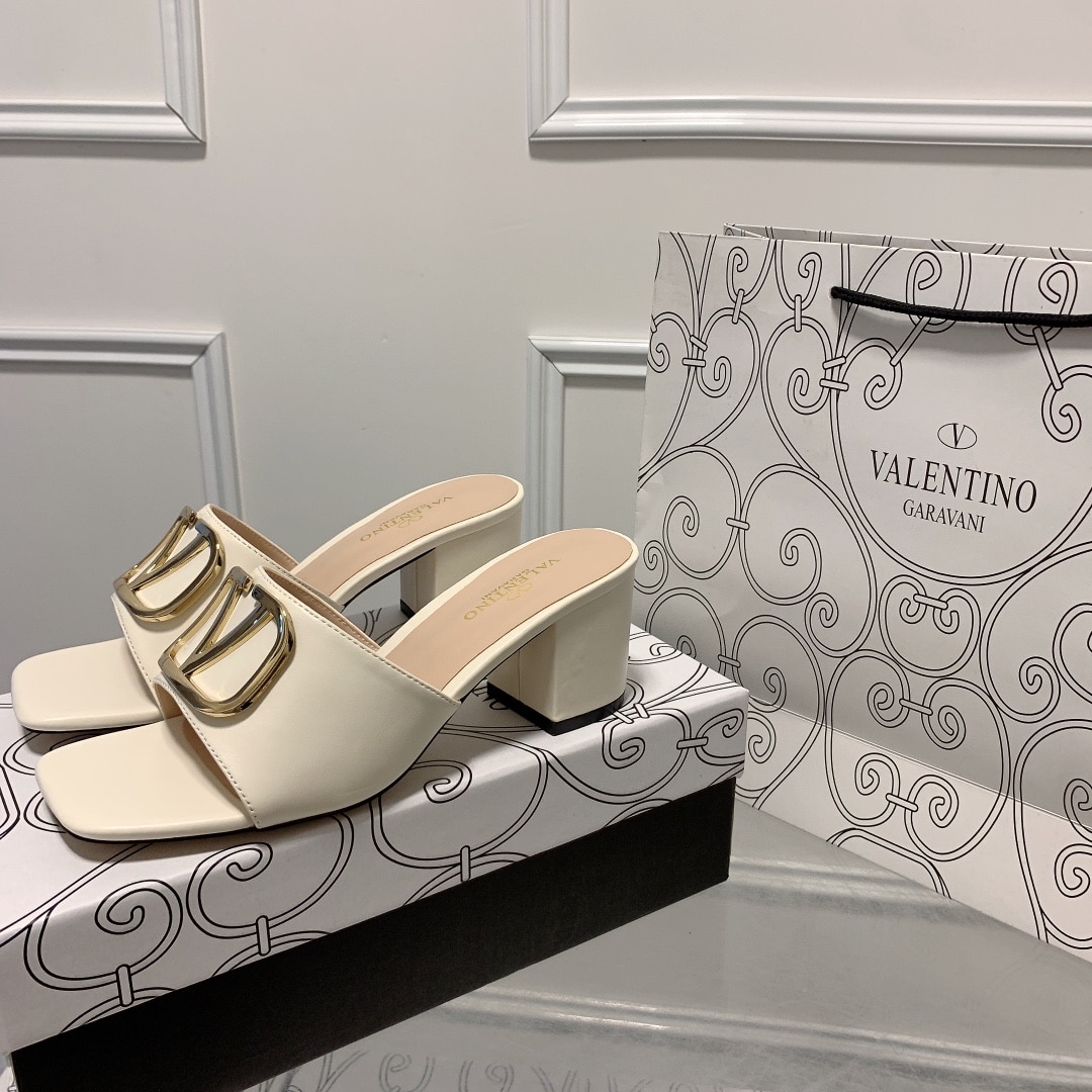 Valentino VLogo Signature Square-Toe Mid-Heel Slide Sandals – White
