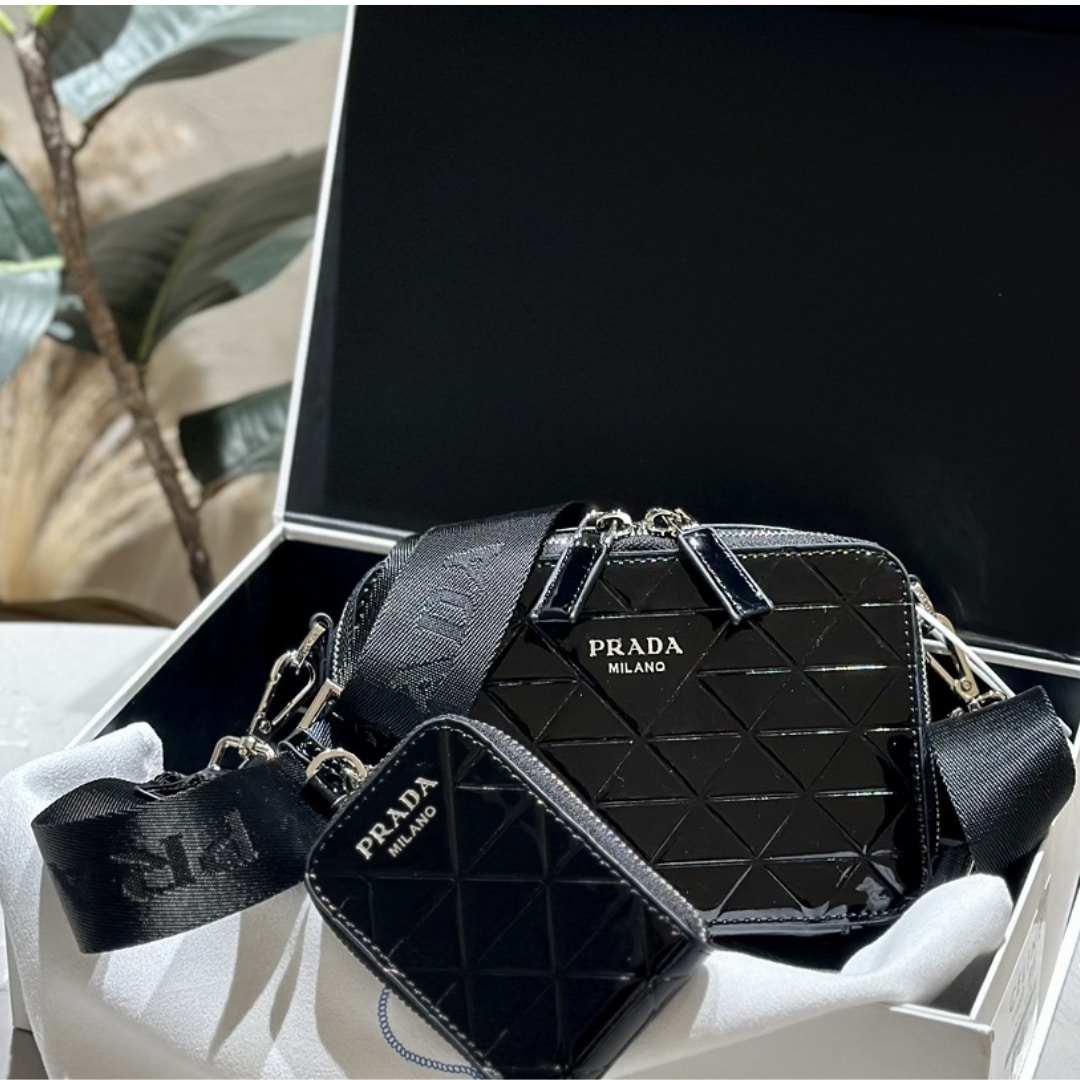 Prada Brique Brushed Leather Bag With Triangle Motif Black 18Cm