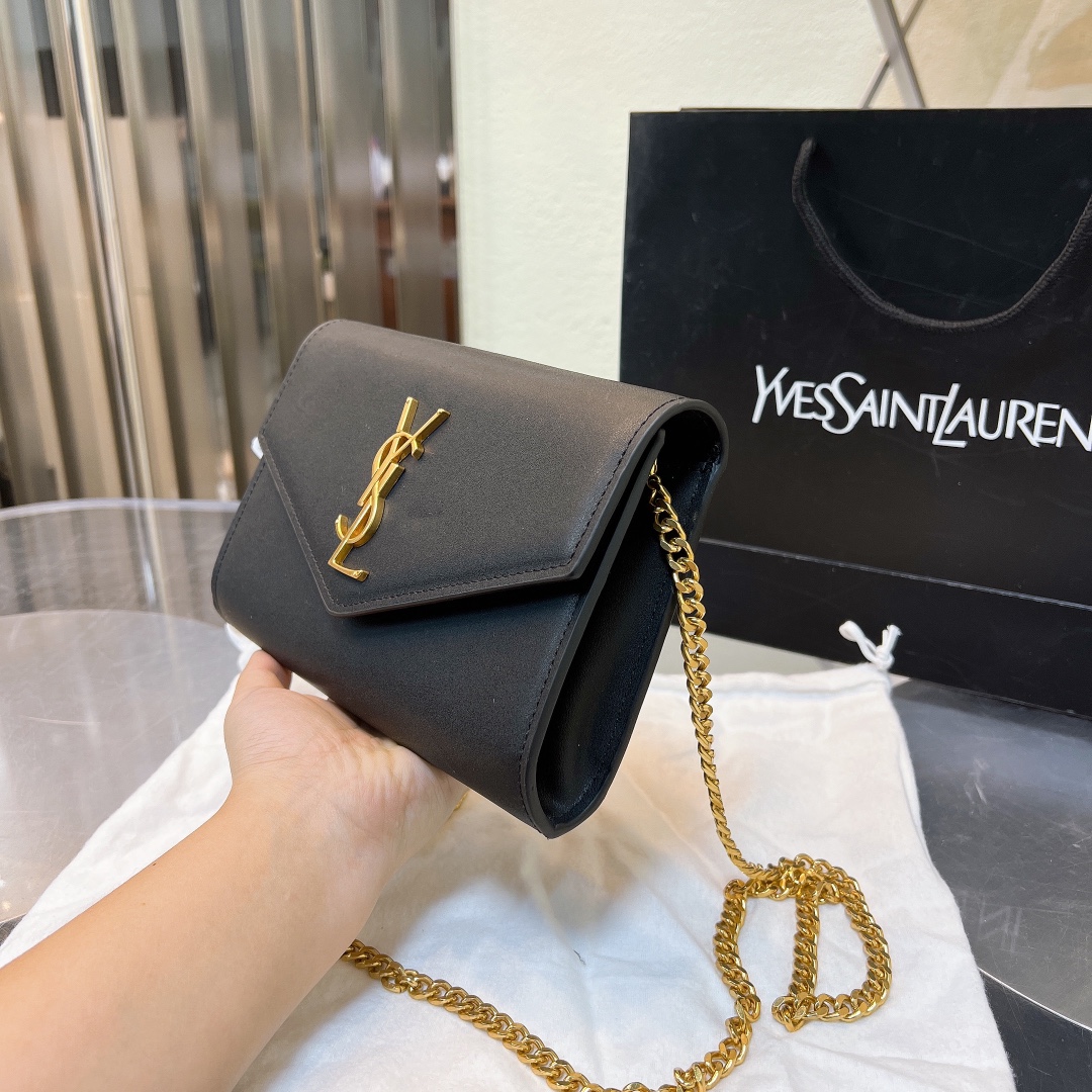 Saint Laurent Uptown Chain Wallet In Grain De Poudre Embossed Black 19Cm