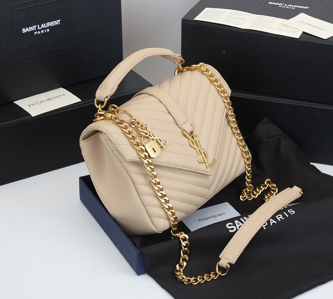 Saint Laurent Collège Medium Chain Bag In Quilted Leather Beige 24Cm
