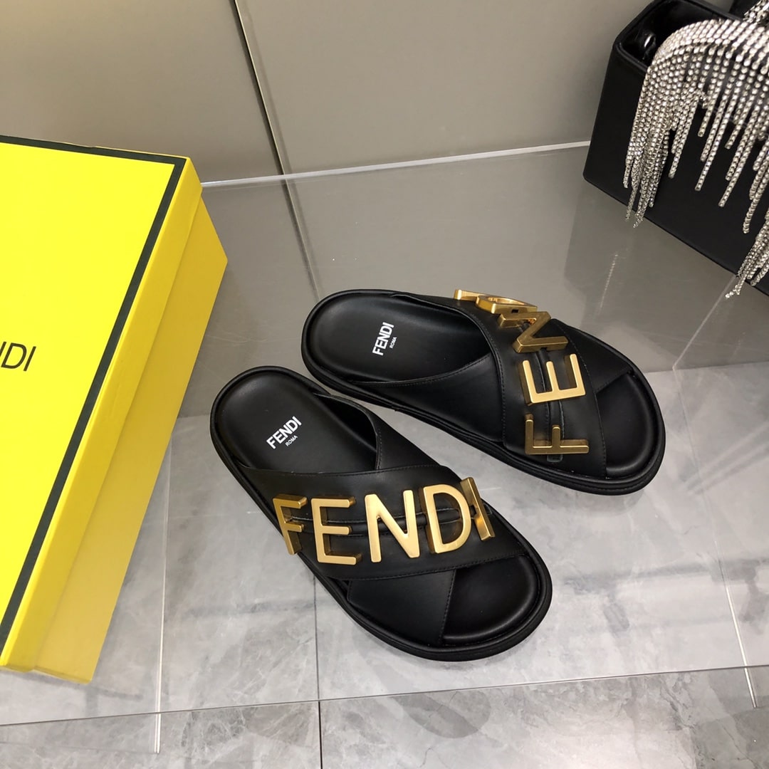 Fendi Fendigraphy Leather Slides Black 8X8289Ai1Rf1H1K