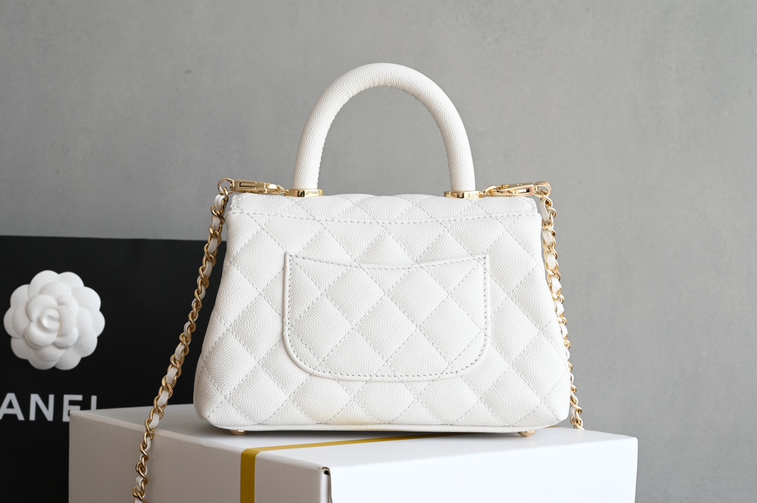 MiniNano Coco Handle Bag in White Quilted Grained Calfskin (Caviar) with Light Gold-Tone Hardware