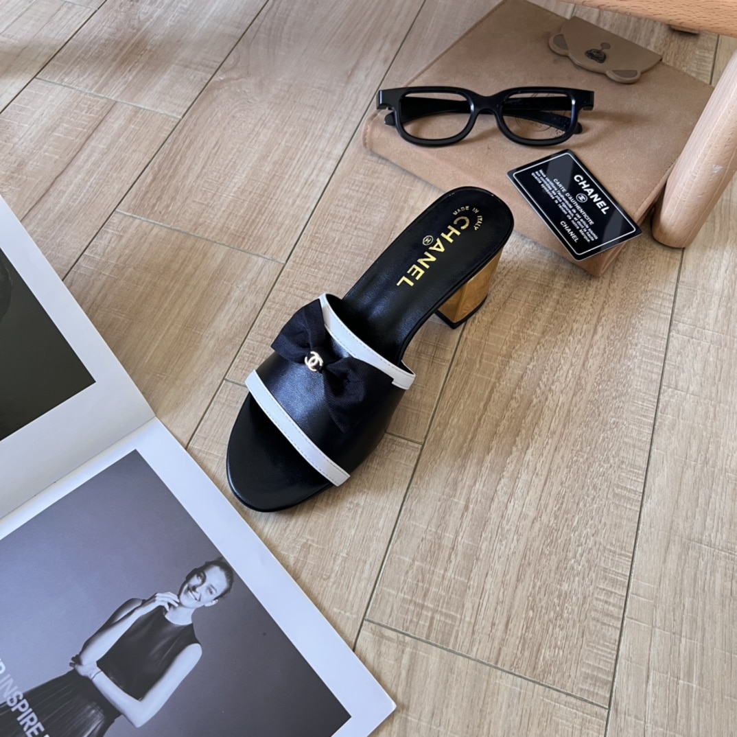 Chanel Grosgrain Ribbon Bow Mule Leather Gold Black