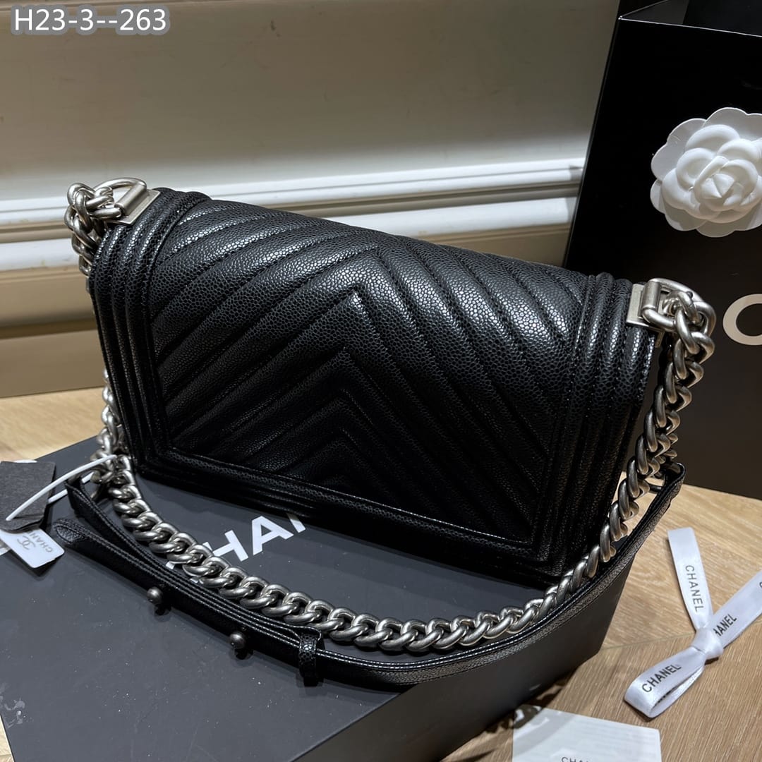 Chanel Boy Caviar Chevron Quilted Flap Bag Black 25Cm/9.8in