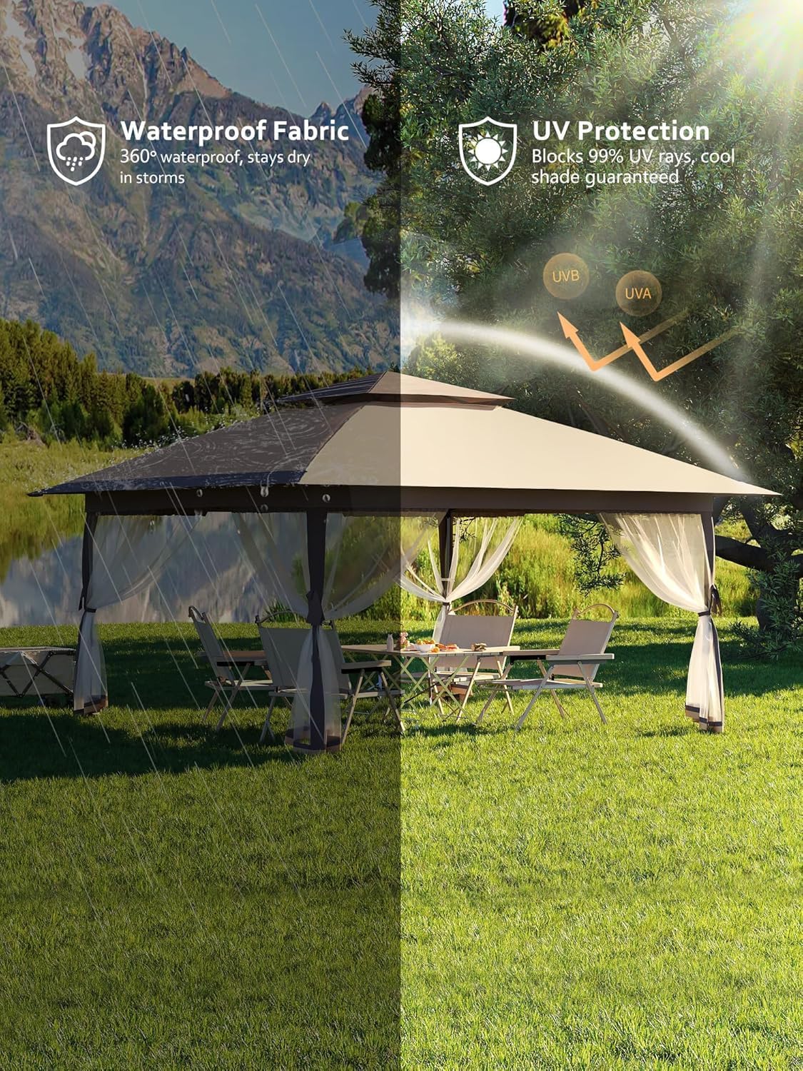 🔥Limited-Time Deal🔥13x13 Outdoor Pop Up Gazebo Tent – Large Shade Canopy with Mesh Netting, Double Vented Roof, 4 Sandbags & Wheeled Bag for Patio & Backyard