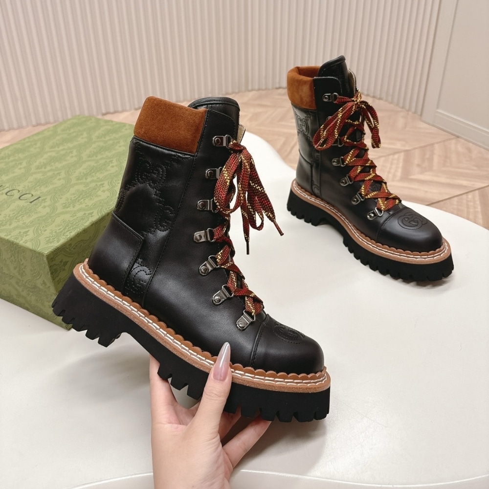 Gucci Women Lace Up Ankle Boot Black And Tan 758284 Aacm1 1046