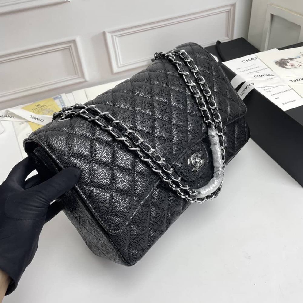 Chanel Maxi Classic Handbag Sliver Hardware Black 33Cm