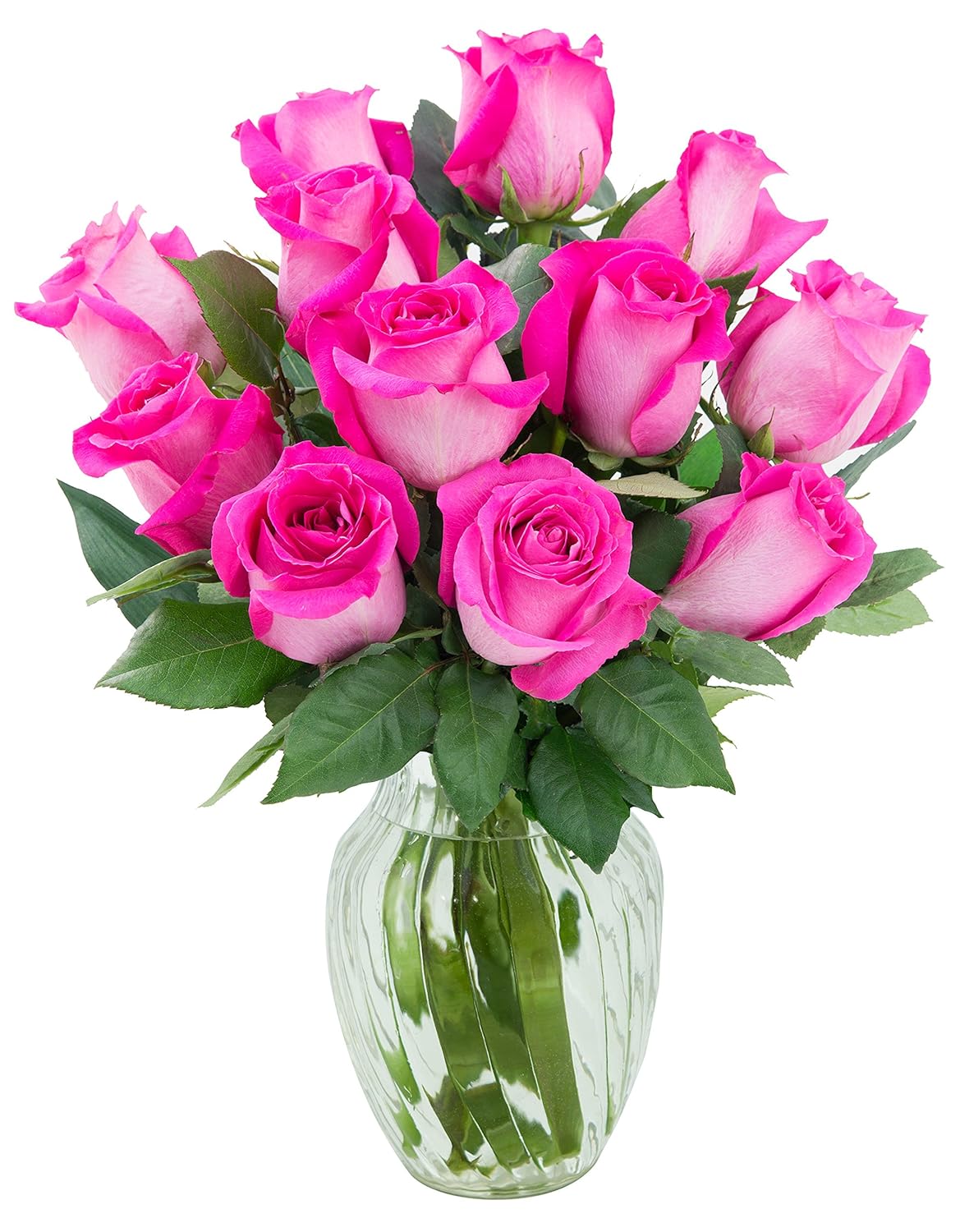 KaBloom - Bouquet of 12 Fresh Cut Pink Roses (Farm-Fresh, Long-Stem) with Free Vase Included - Fresh Flowers for Birthday, Valentine's & Mother's Day