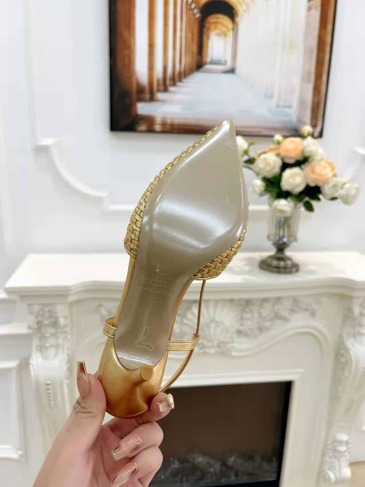 Valentino Garavani VLogo Woven Leather Slingback Pumps Gold