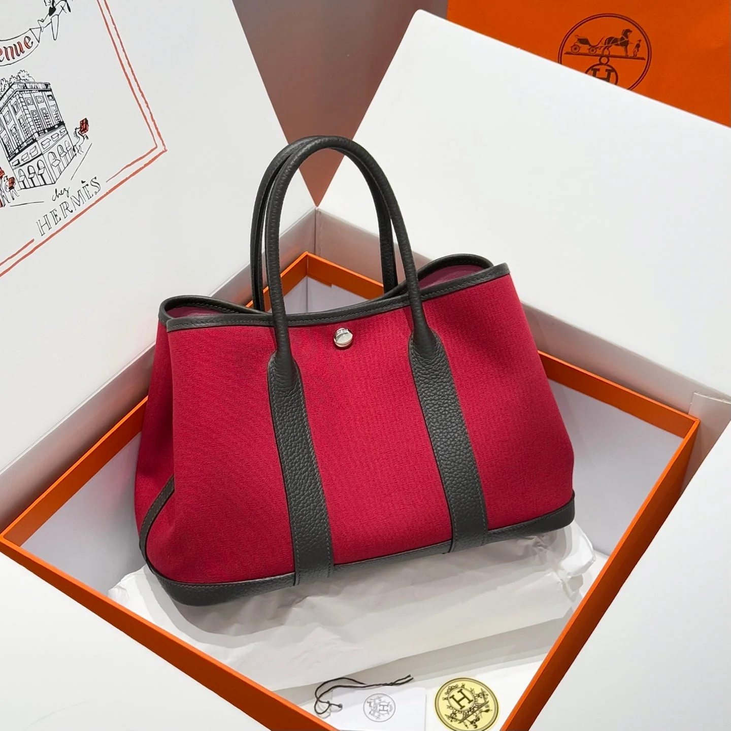 HM Garden Party 30cm Bag Etoupe Clemence Togo Red Canvas