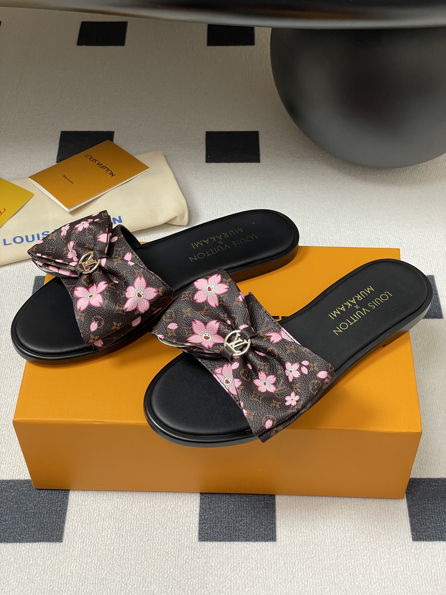 Louis Vuitton x Takashi Murakami Lily Flat Mule Bow Slide Sandals Black 1AGVYA