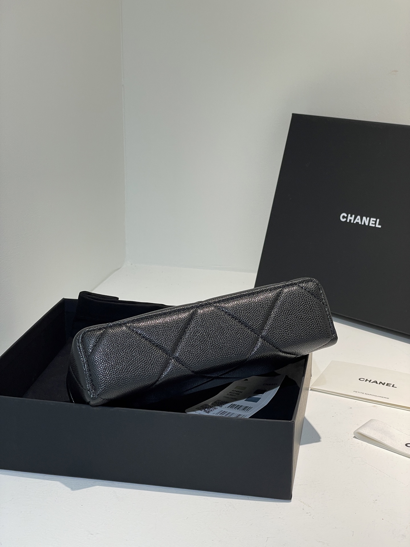 Black Quilted Caviar Calfskin Vanity Case with Top Handle and Gold-Tone Chain Strap