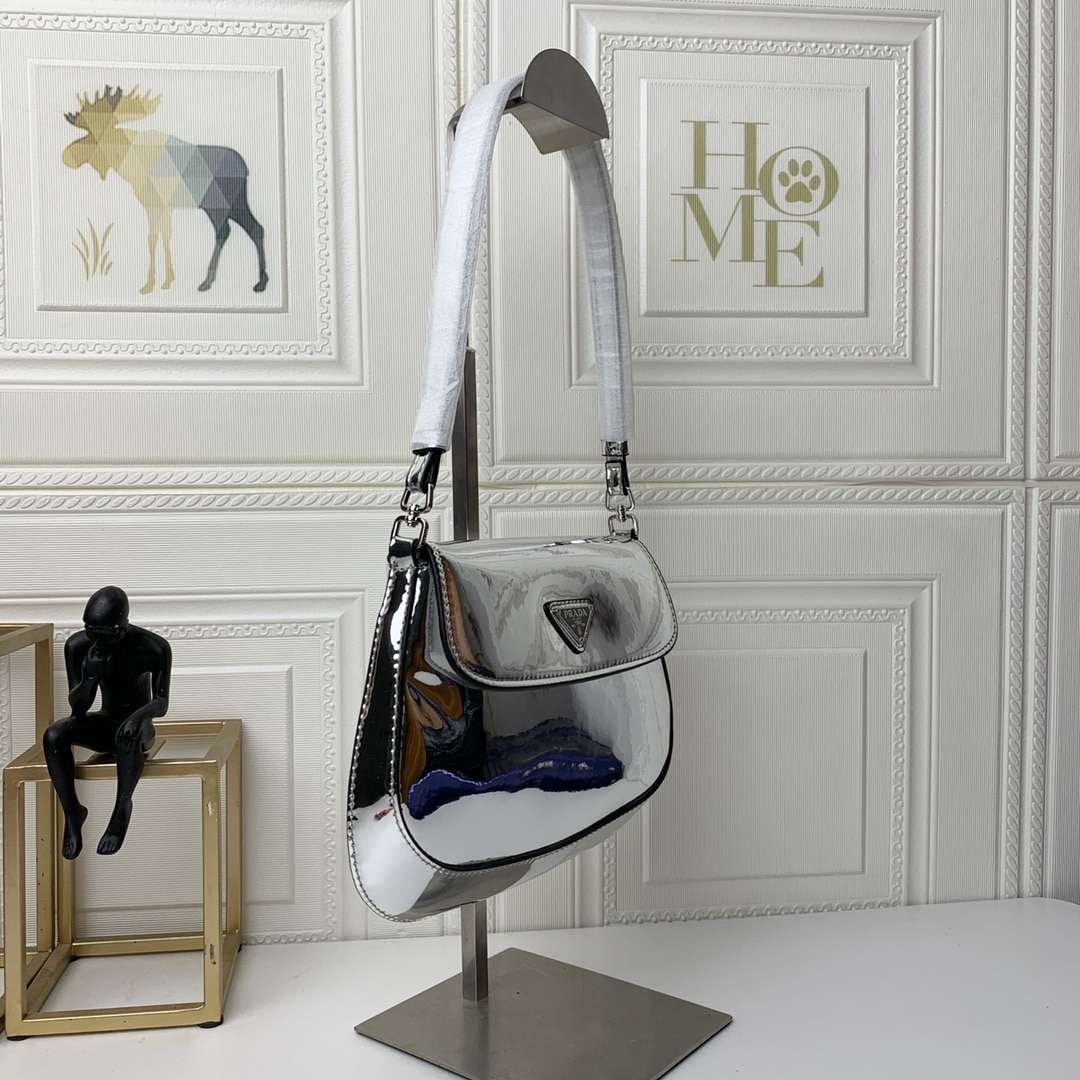Prada Cleo Brushed Leather Shoulder Bag In Silver