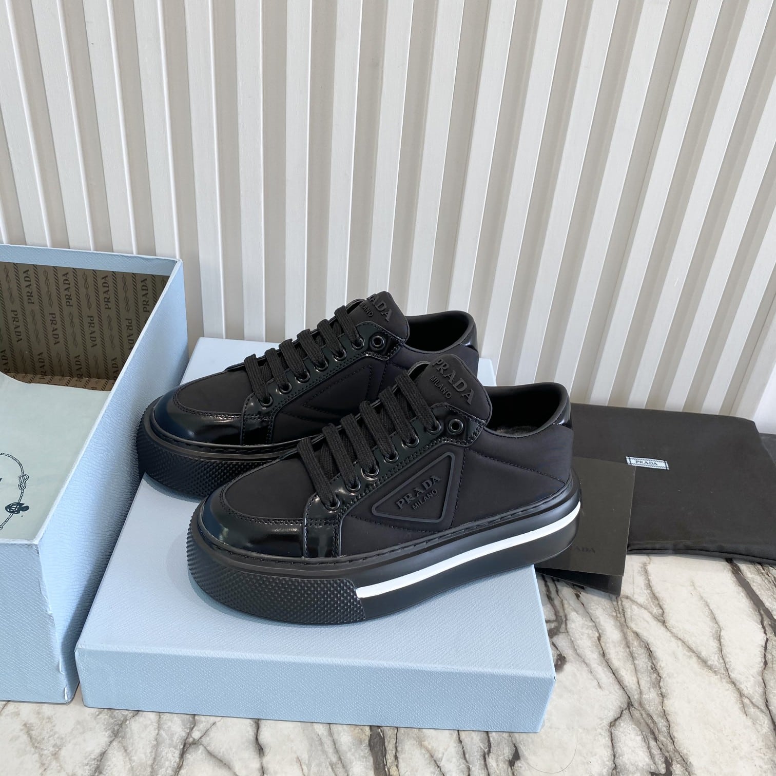 Prada Macro Re-Nylon And Brushed Leather Sneakers Black 2Eg3763Lf5F0632