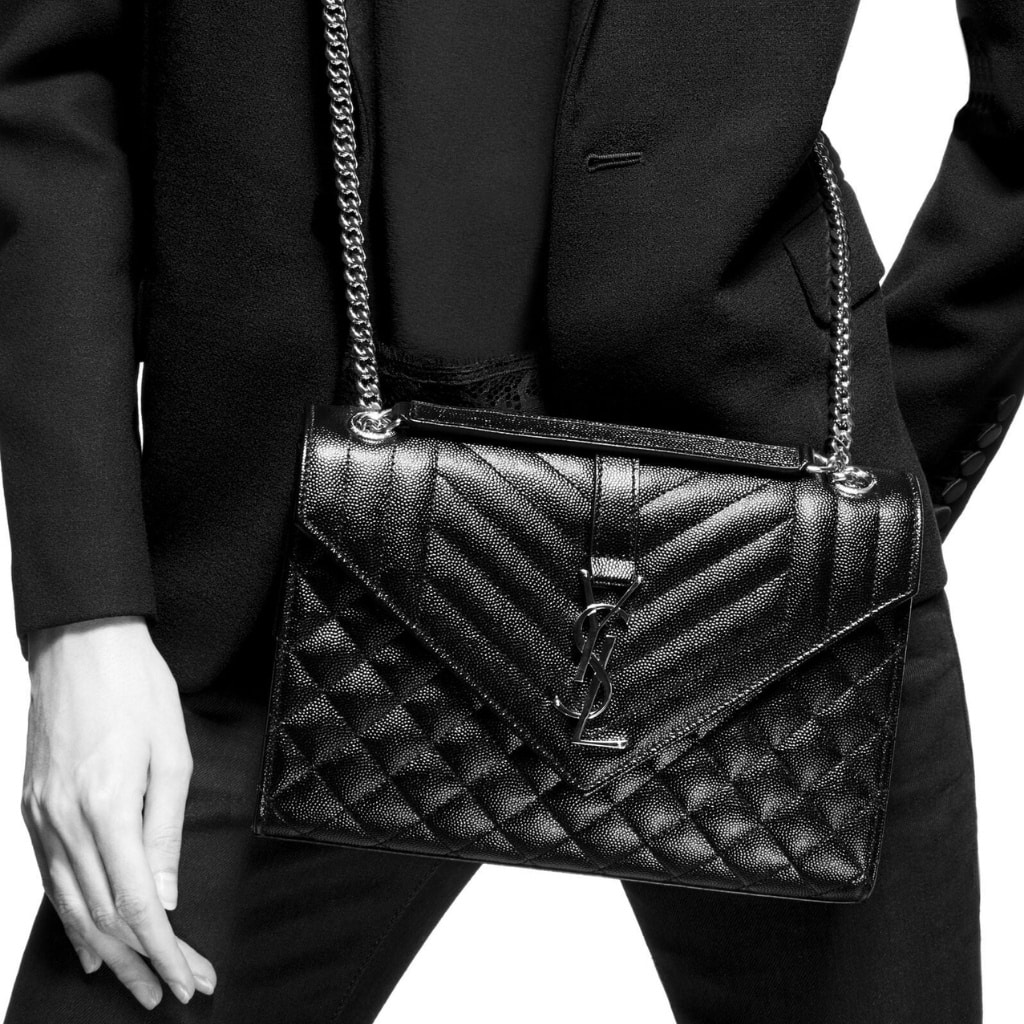 Saint Laurent Envelope Medium In Quilted Grain De Poudre Embossed Leather Black Noir 24cm 600185BOW981000