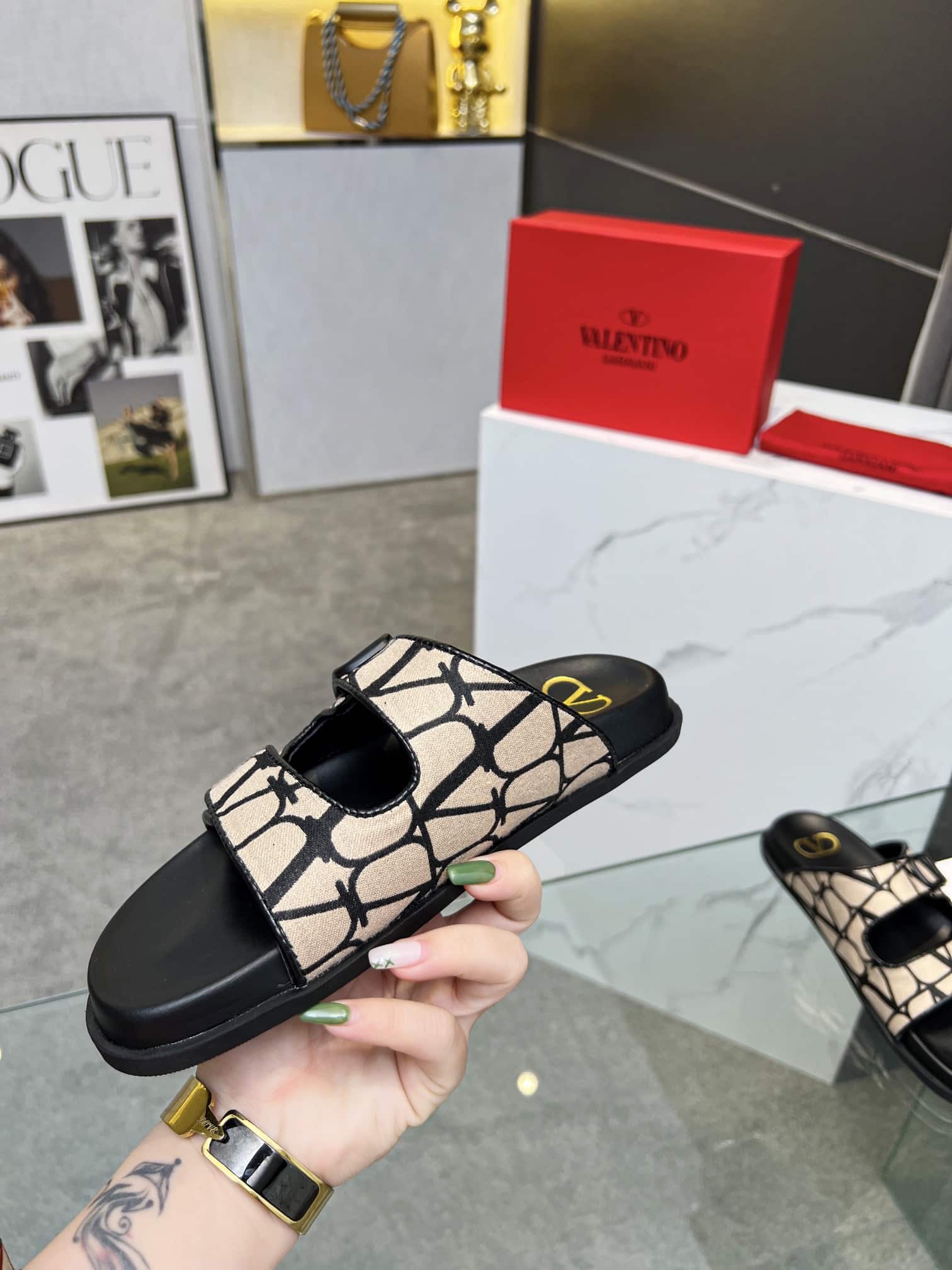 Valentino Garavani VLogo Toile Iconographe Sandal Black Beige