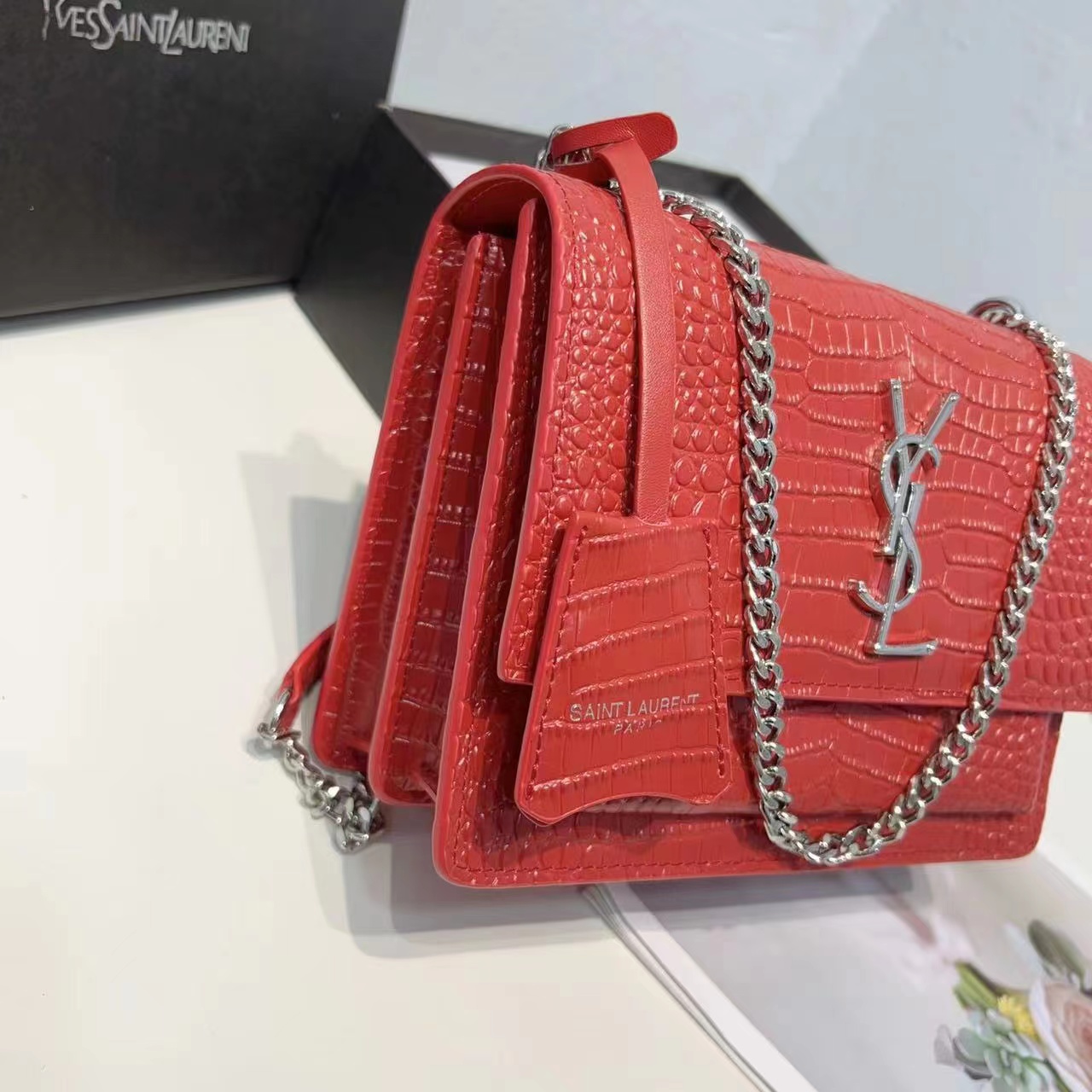 Saint Laurent Sunset Embossed Leather Bag Red