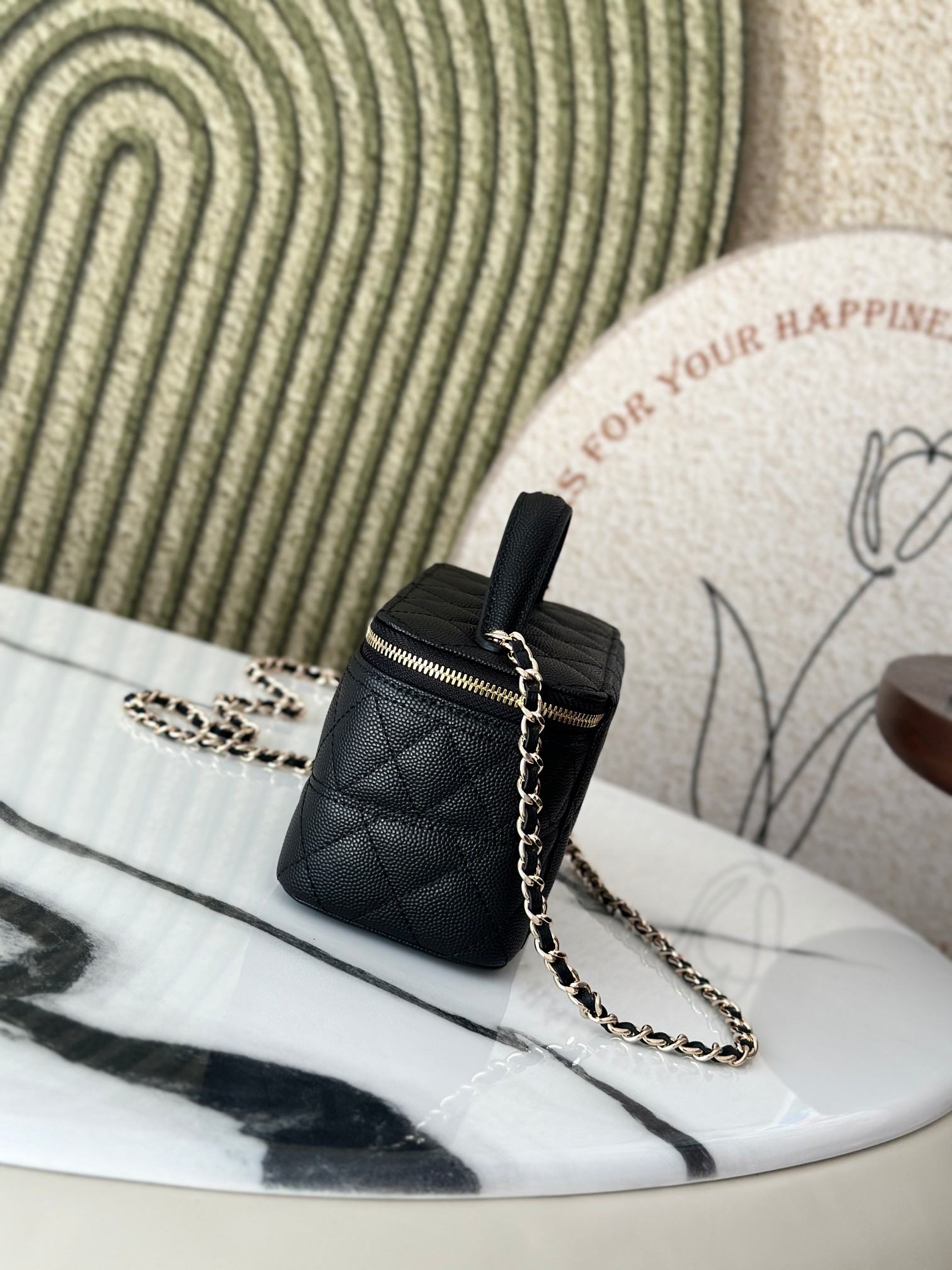 Mini Rectangular Vanity Case with Top Handle in Black Quilted Caviar Leather with Gold-Tone Hardware