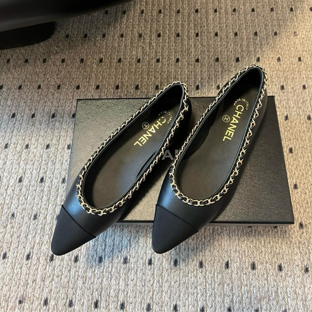 Chanel Leather And Fabric Cc Chain Link Ballet Flats Black