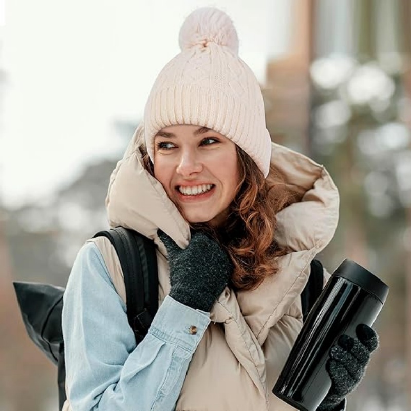 Winter Beanie with Pom Pom Cable Knit Beanie Hats