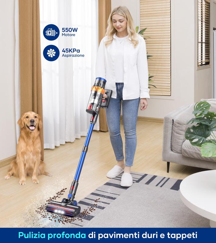 💥winter Specials Aspirapolvere Senza Fili, [60Mins/45Kpa/550W] Scopa Elettrica Senza Fili con Touchscreen Intelligente e Anti-Avvolgimento, Aspirapolvere Potente per Pavimenti/Tappeti/Peli Animali