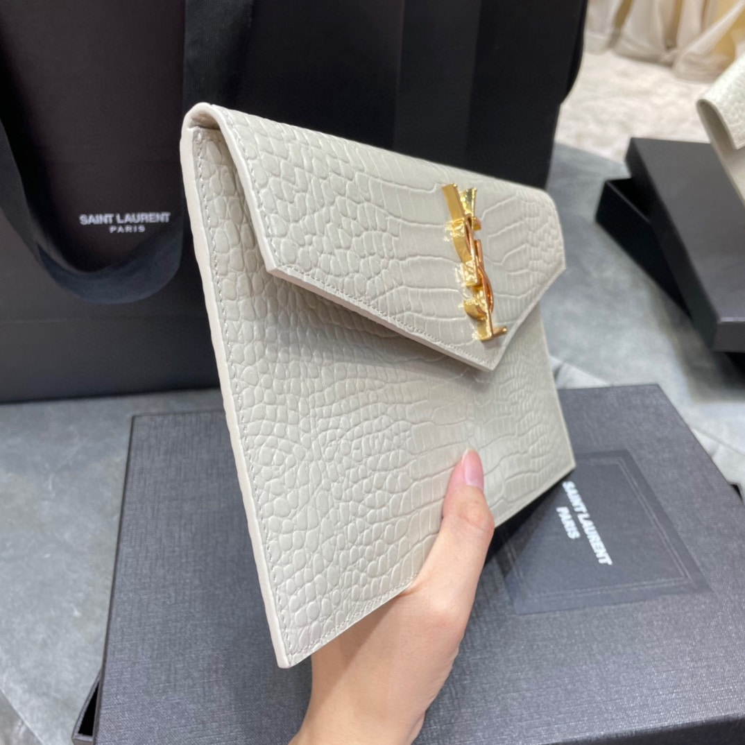 Saint Laurent Uptown Pouch In Crocodile Embossed Shiny Leather