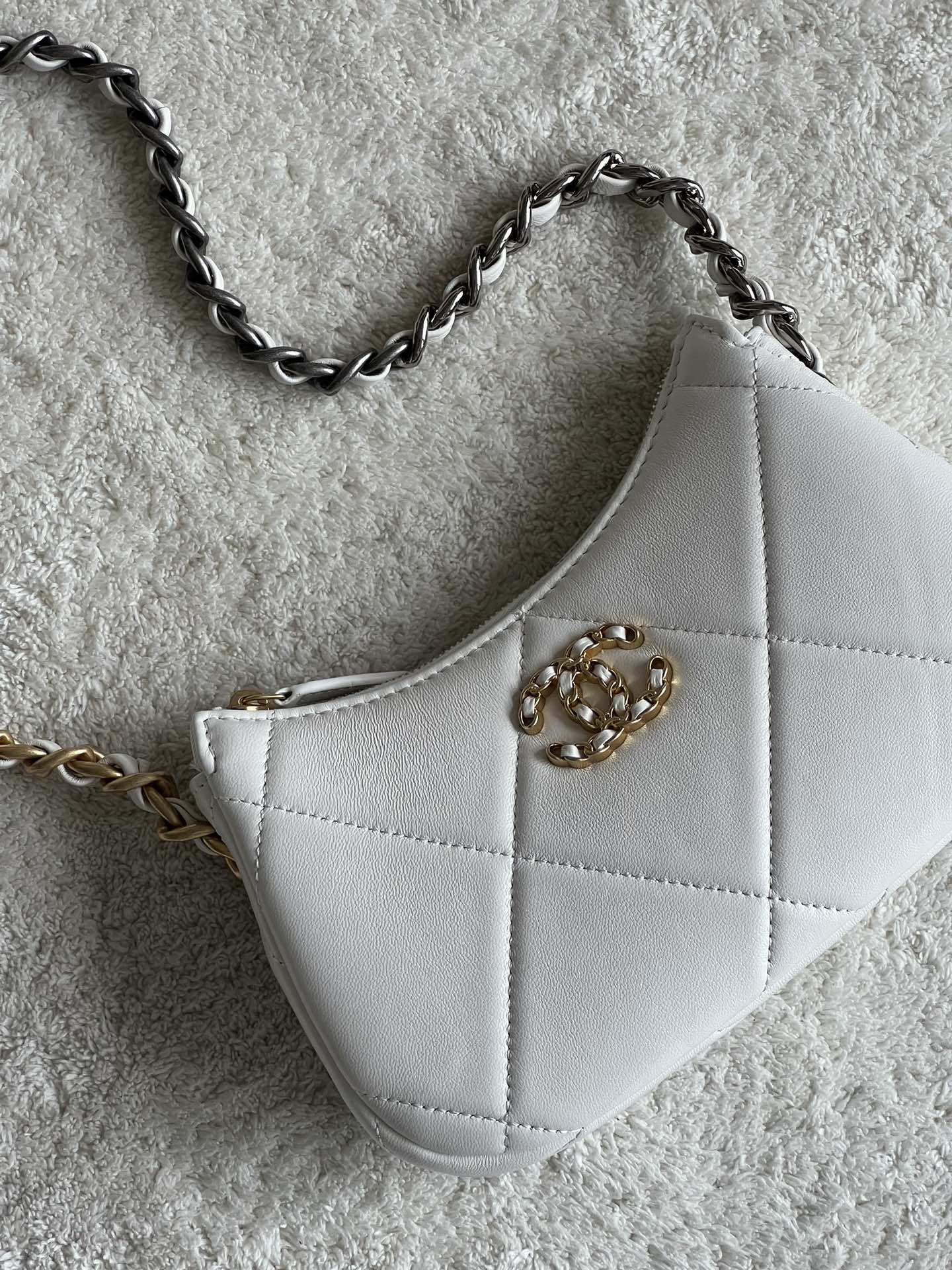19 Half Moon Hobo Bag in White Quilted Lambskin with Gold-Tone and Ruthenium-Finish Hardware