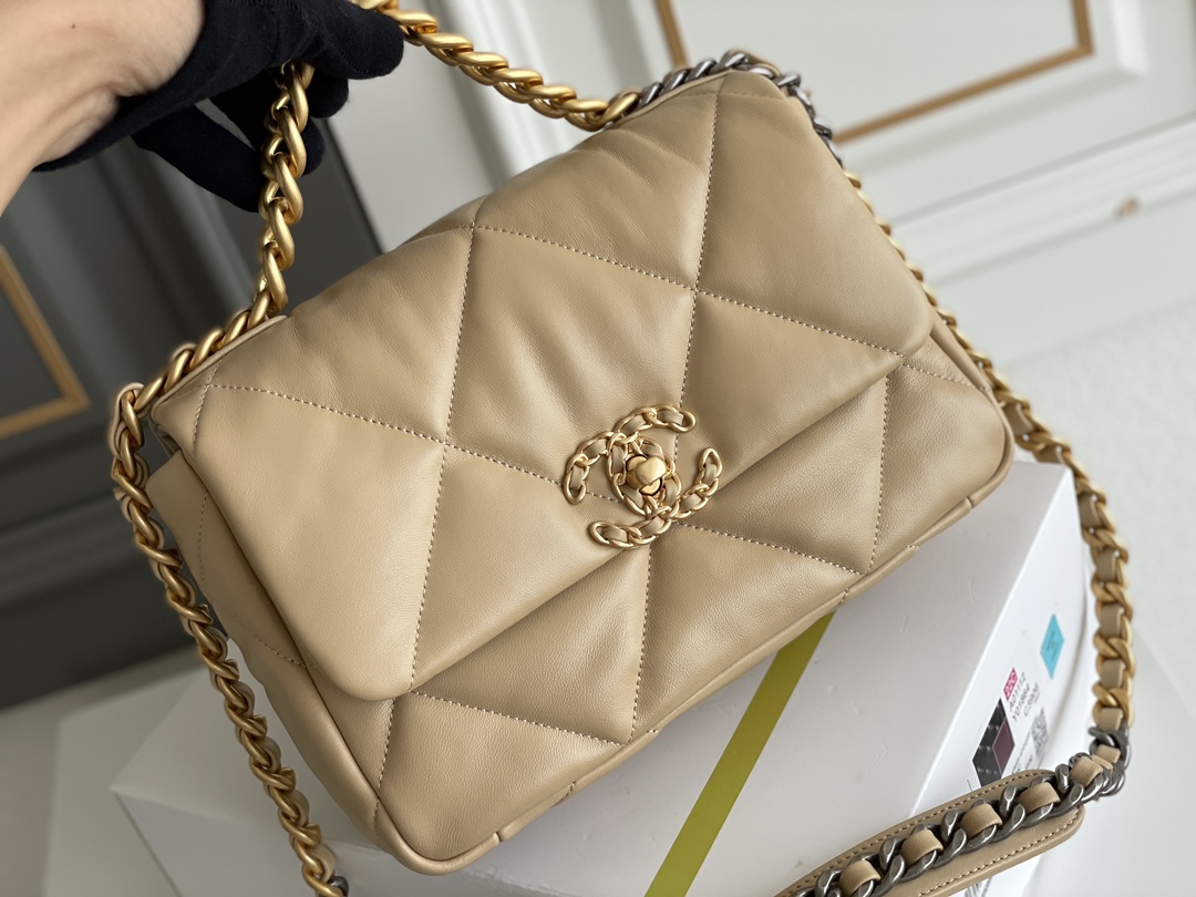 19 Handbag in Beige Quilted Shiny Lambskin with Gold-Tone, Silver-Tone & Ruthenium-Finish Metal (Model AS1160)