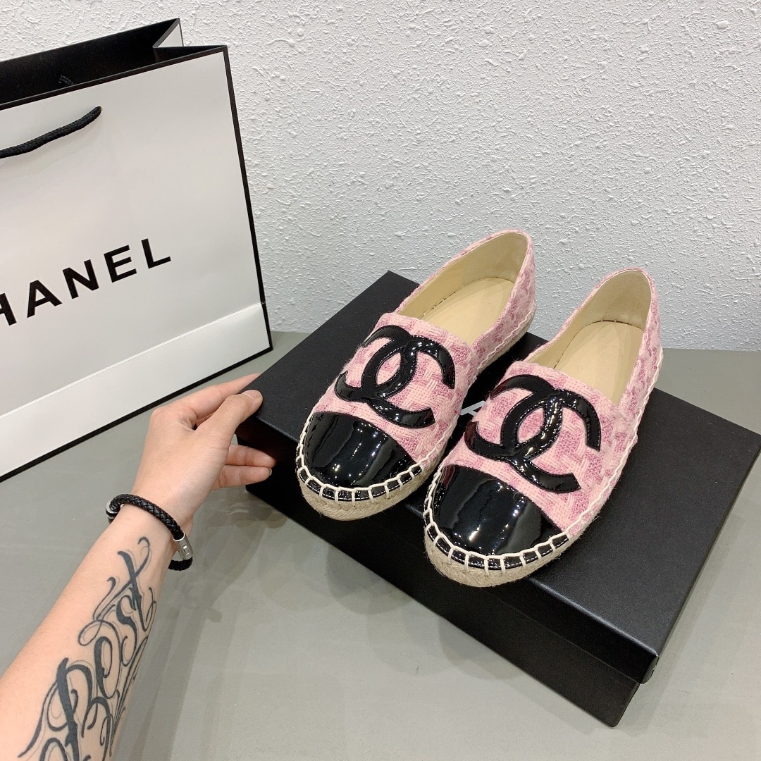 Chanel Tweed Patent Cc Espadrilles Slip On Pink Black
