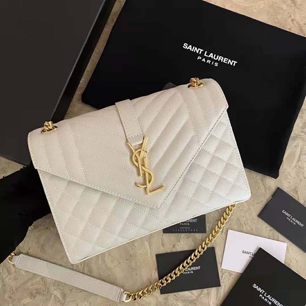 Saint Laurent Envelope Small Bag In Mix Matelasse Grain De Poudre Embossed White