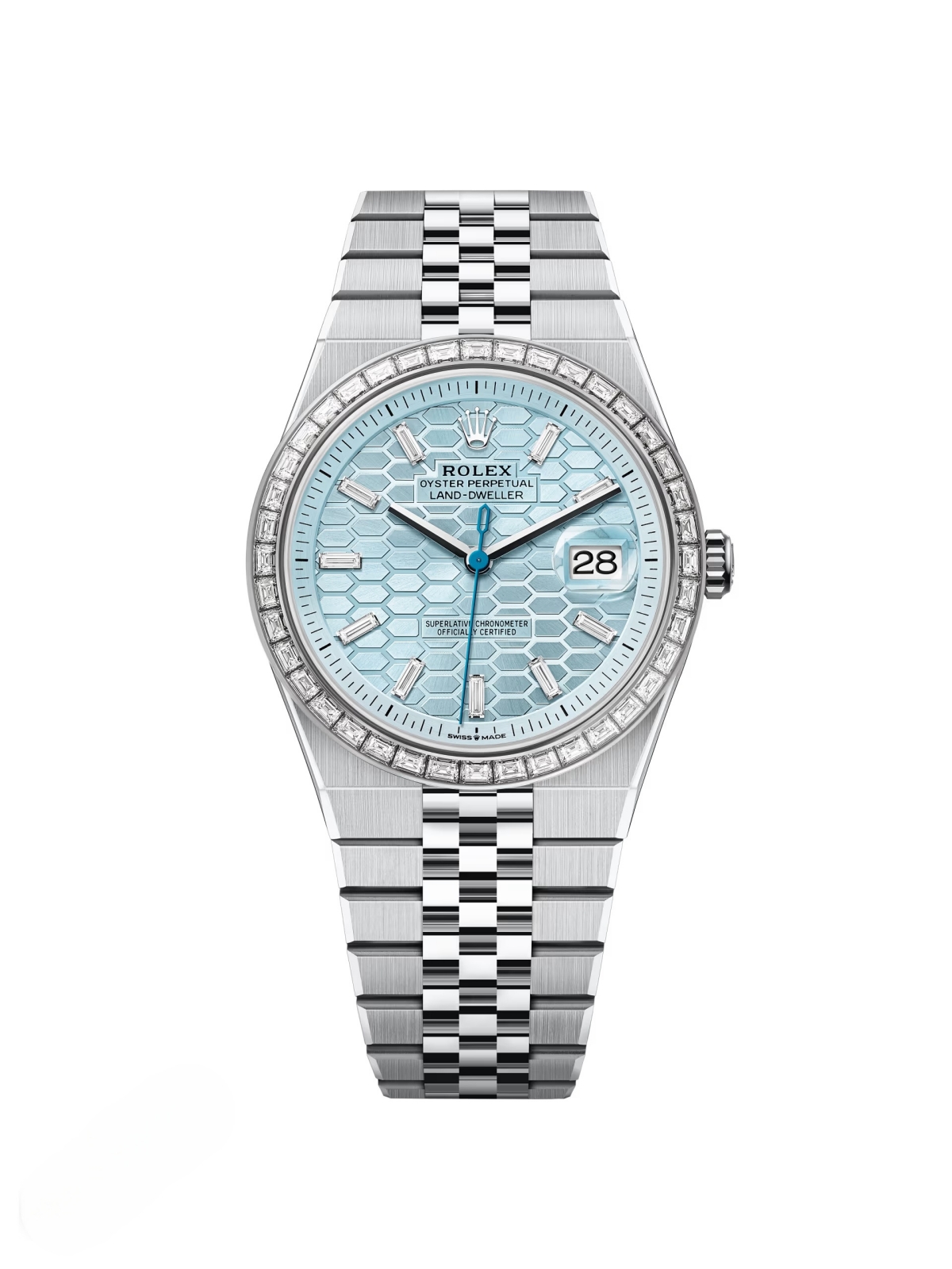 Rolex Land-Dweller 127386TBR-0001 Blue Honeycomb Dial Diamond Platinum Jubilee Bracelet 40mm