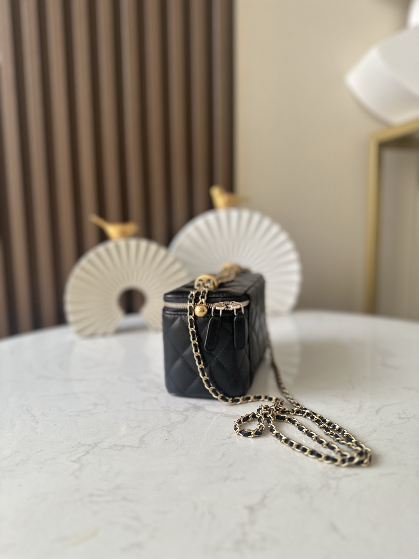 Black Lambskin Quilted Small Vanity Case with Chain (Model AP2199)