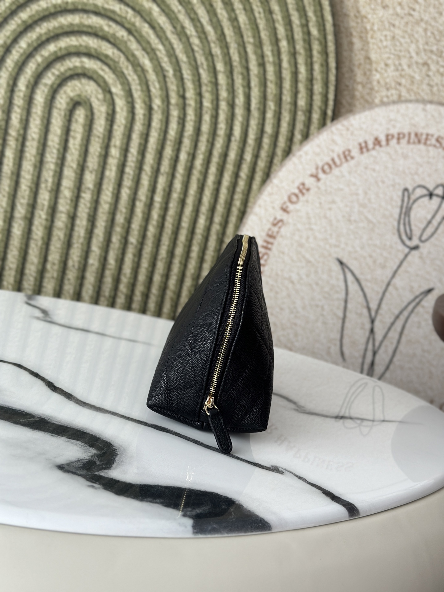 Classic Quilted Caviar Curvy Pouch Cosmetic Case in Black with Gold-Tone Hardware