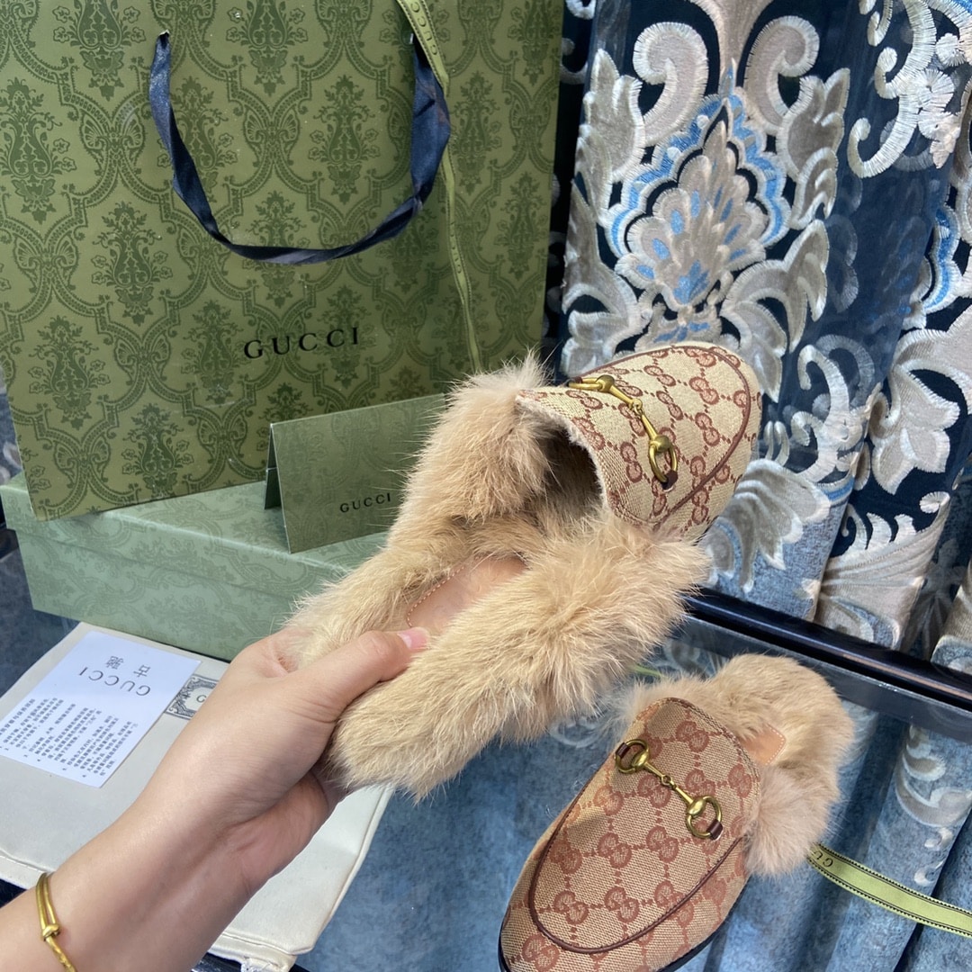 Gucci Princetown Lamb Fur Slippers Rust Natural