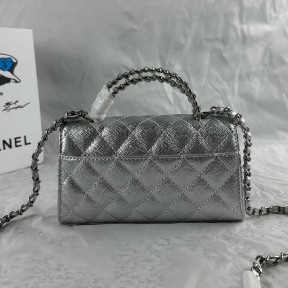 Chanel 23P Clutch With Chain Bag Grained Leather Silver 18cm