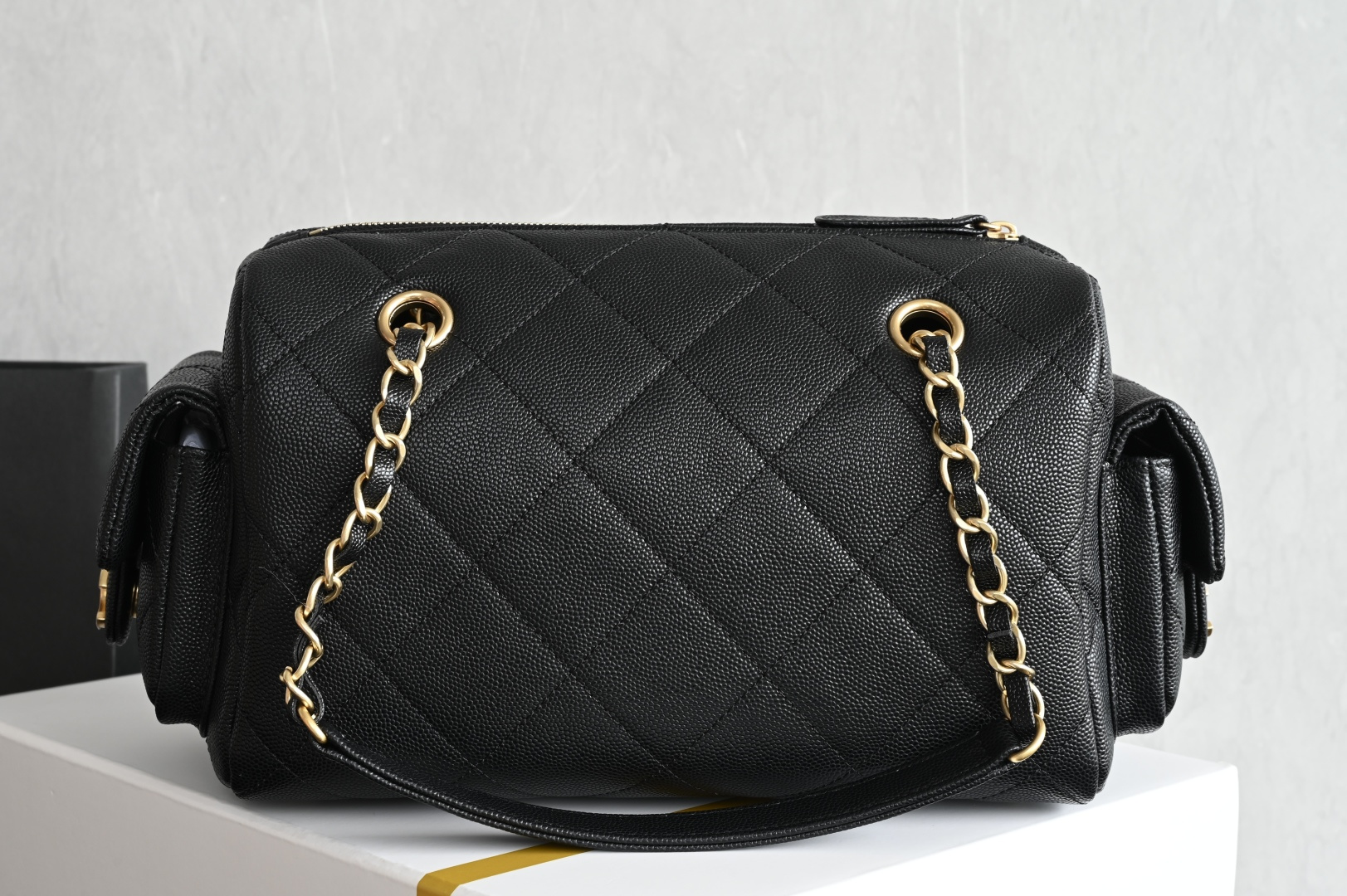 25K Fall-Winter Collection Quilted Grained Calfskin (Caviar) Bowling Bag with Gold-Tone Hardware & Side Pockets (Model AS5293)