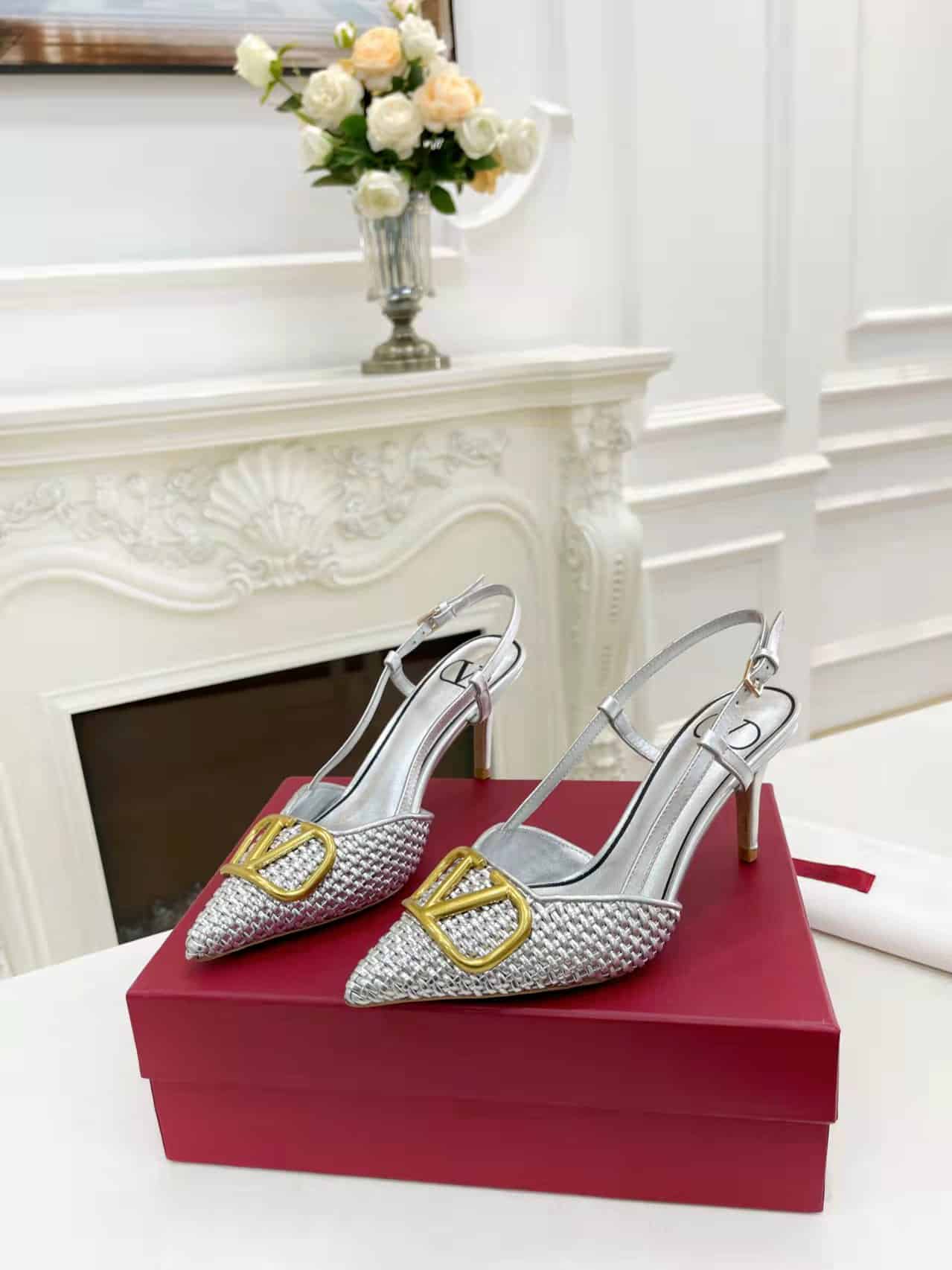 Valentino Garavani VLogo Woven Leather Slingback Pumps Silver