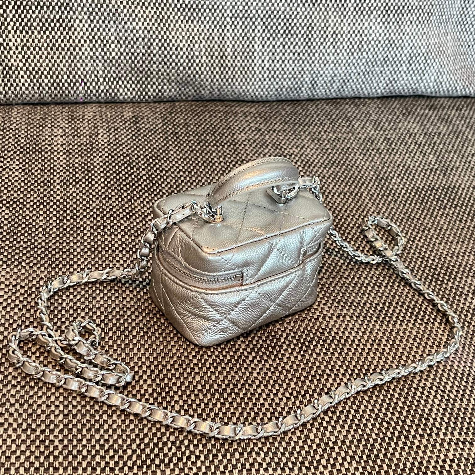 Silver Metallic Quilted Caviar Leather Mini Vanity Case with Handle and Silver-Tone Chain