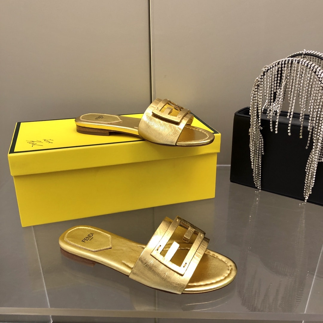Fendi Baguette Gold Nappa Leather Slides 8R8136Ai16F0Xv6