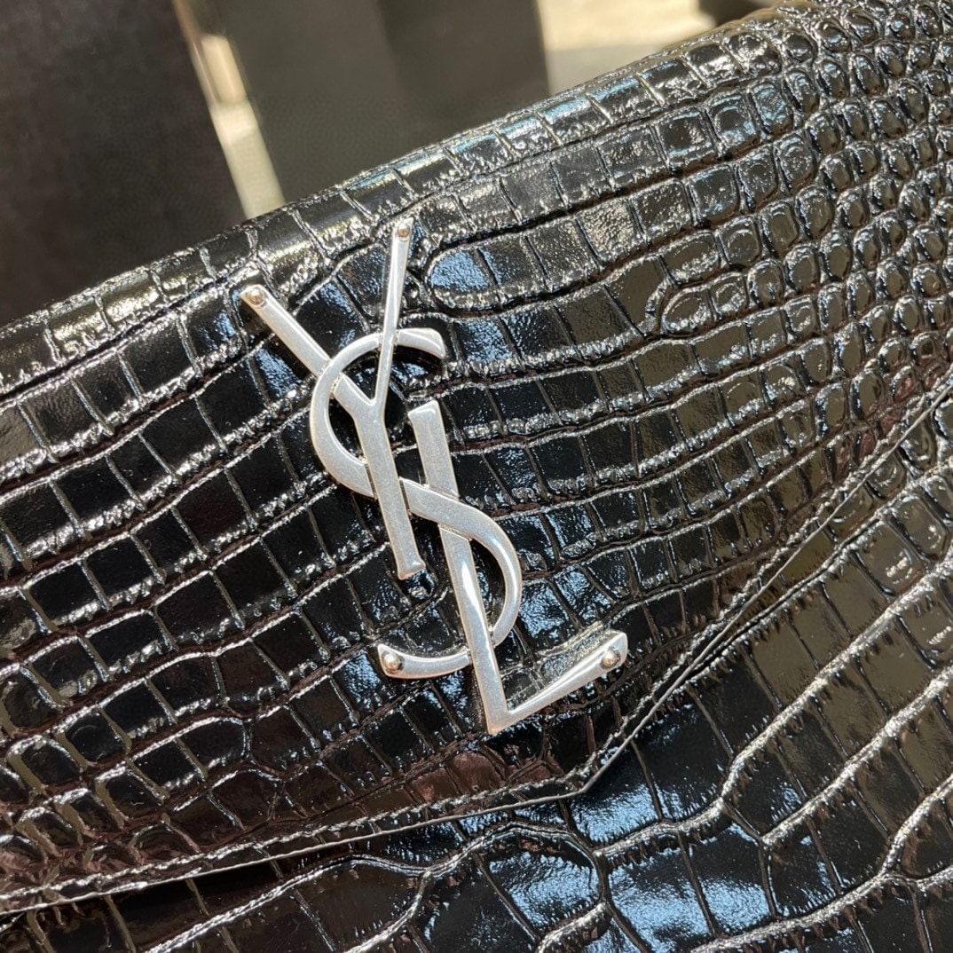 Saint Laurent Uptown Pouch In Crocodile Embossed Shiny Leather