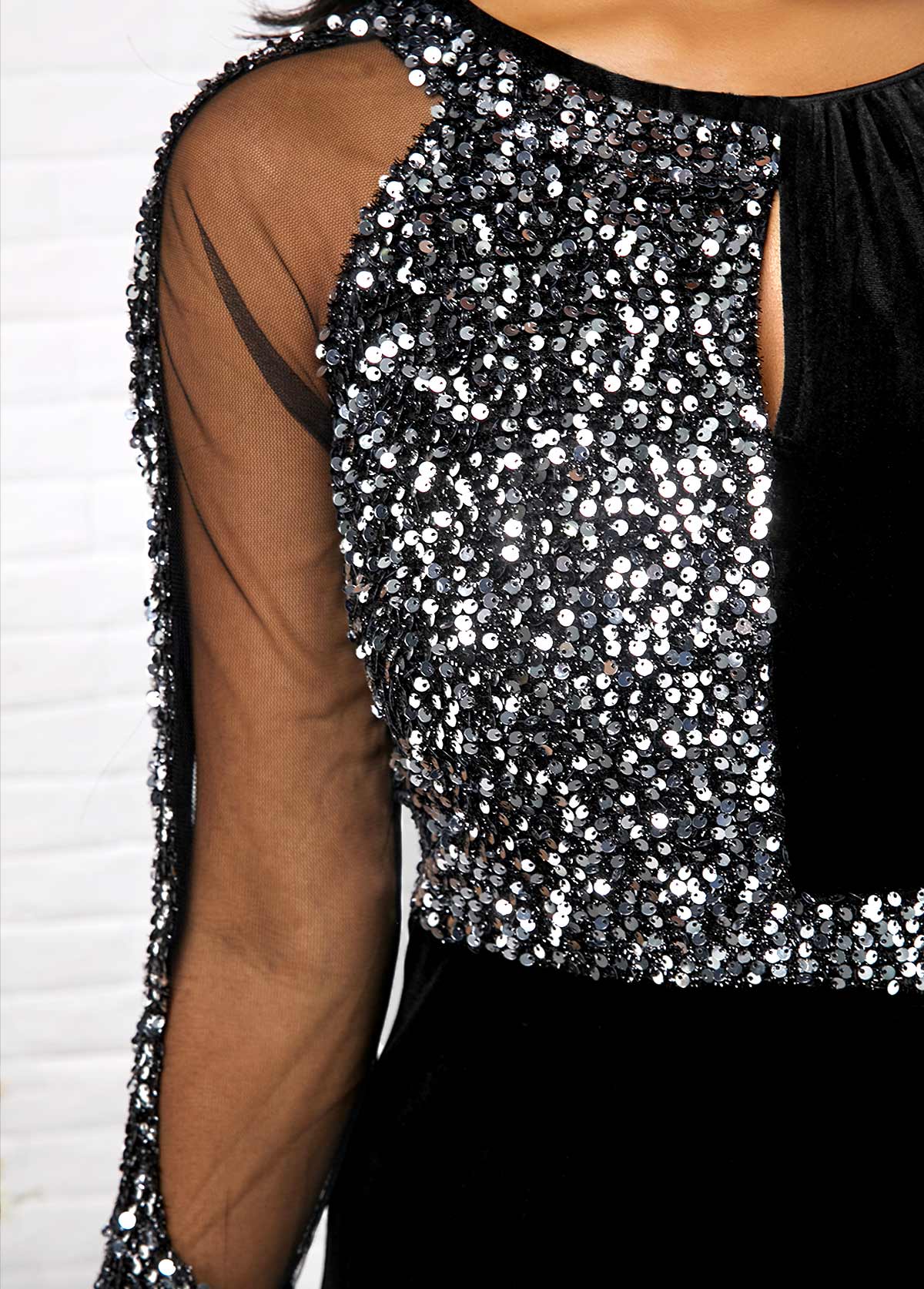 Sequin Detail Mesh Panel Back Slit Sheath Dress