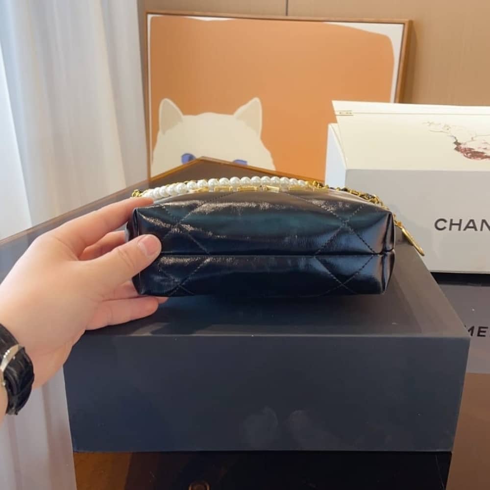 Chanel 22 Mini Handbag Shiny Crystal Pearls Gold Tone Metal Black 22Cm As3980 B10672 94305
