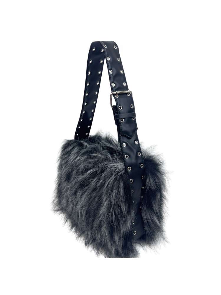 PU Belt Buckle Eyelets Handle Fake Fur Tote Bag