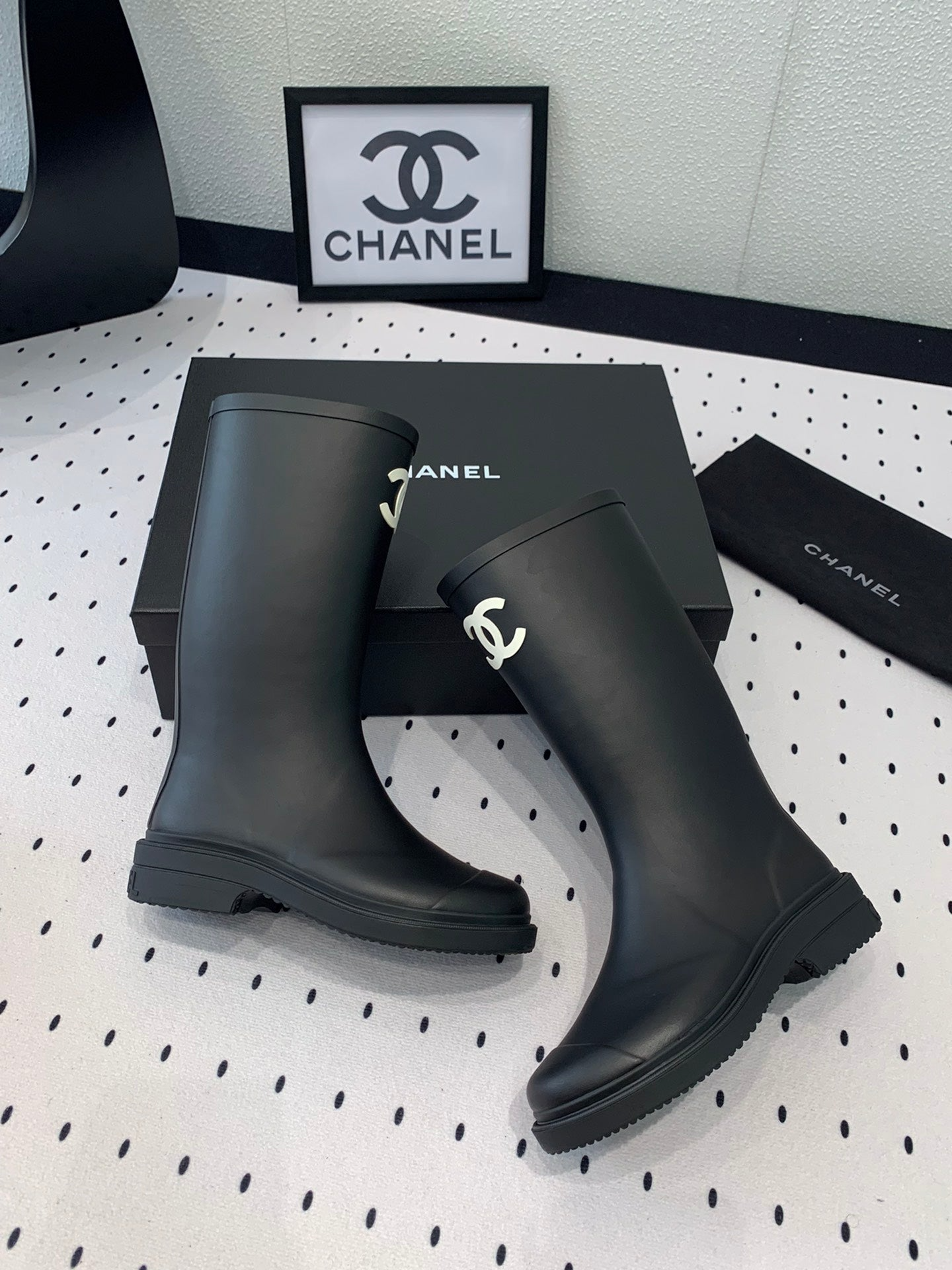 Chanel CC Logo Rain Boots Black Rubber Heel 47cm