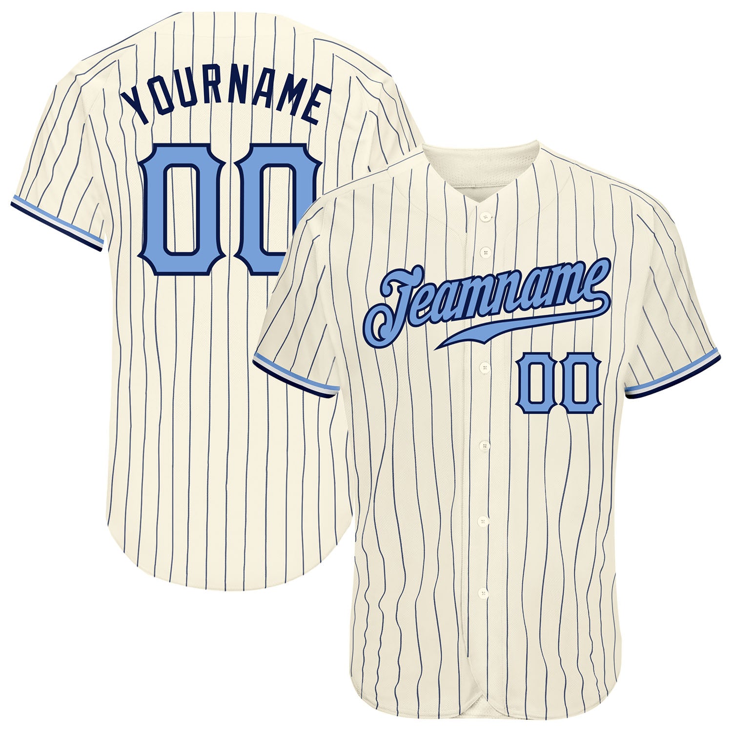 Custom Cream Navy Pinstripe Light Blue-Navy  Baseball Jersey