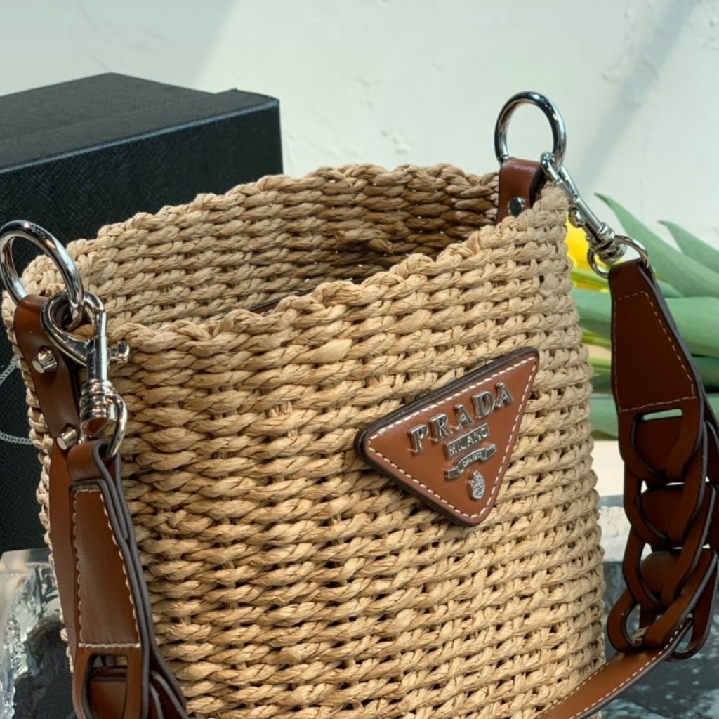 Prada Raffia Woven Bucket Bag Natural 21cm