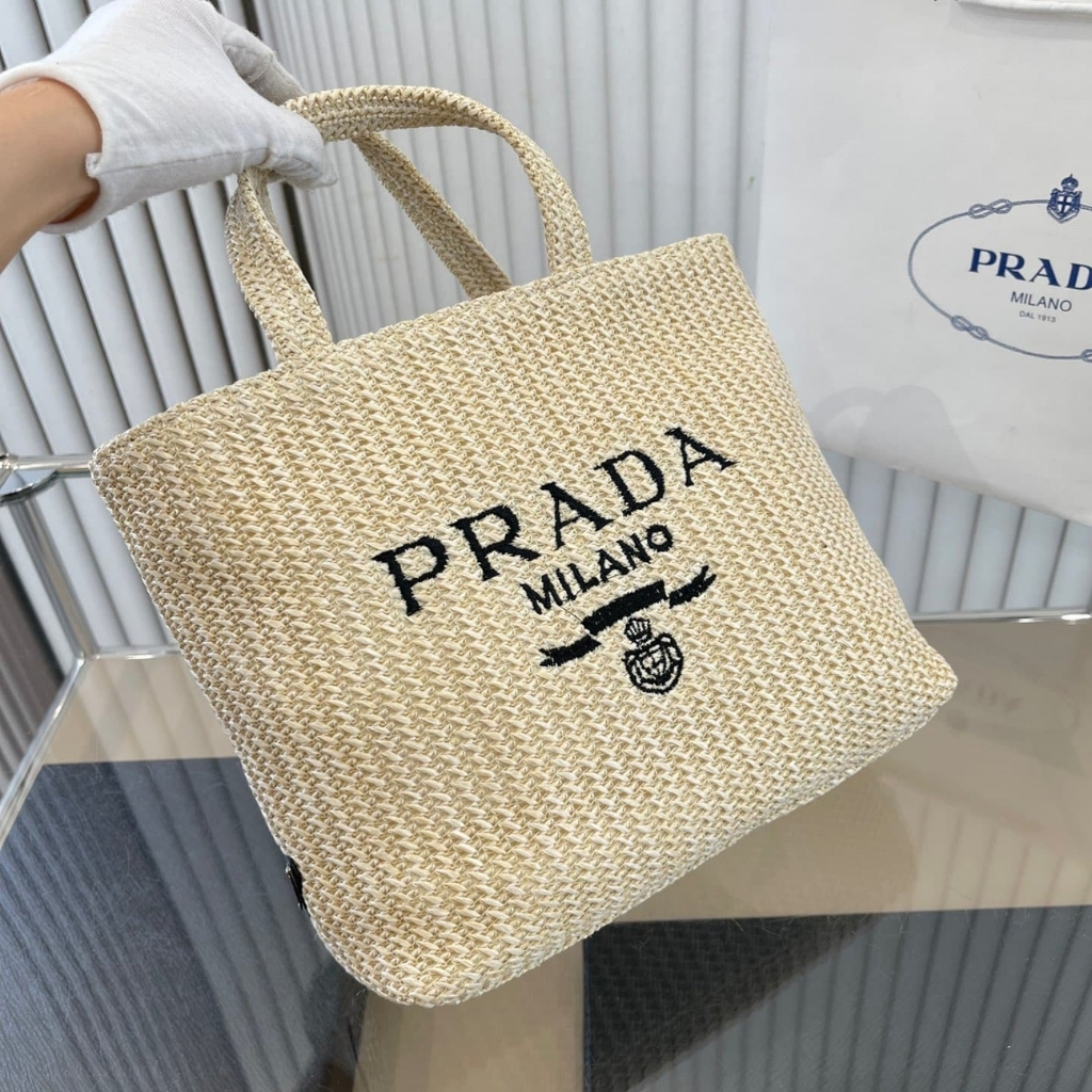 Prada Small Crochet Tote Bag Raffia In Natural Color 24Cm 1BG422 2C2T F0018 V OOL