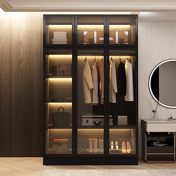 Wardrobe Closet with Glass Doors and LED Light Bar with 5-Tier Shelving and Rail , 47.2