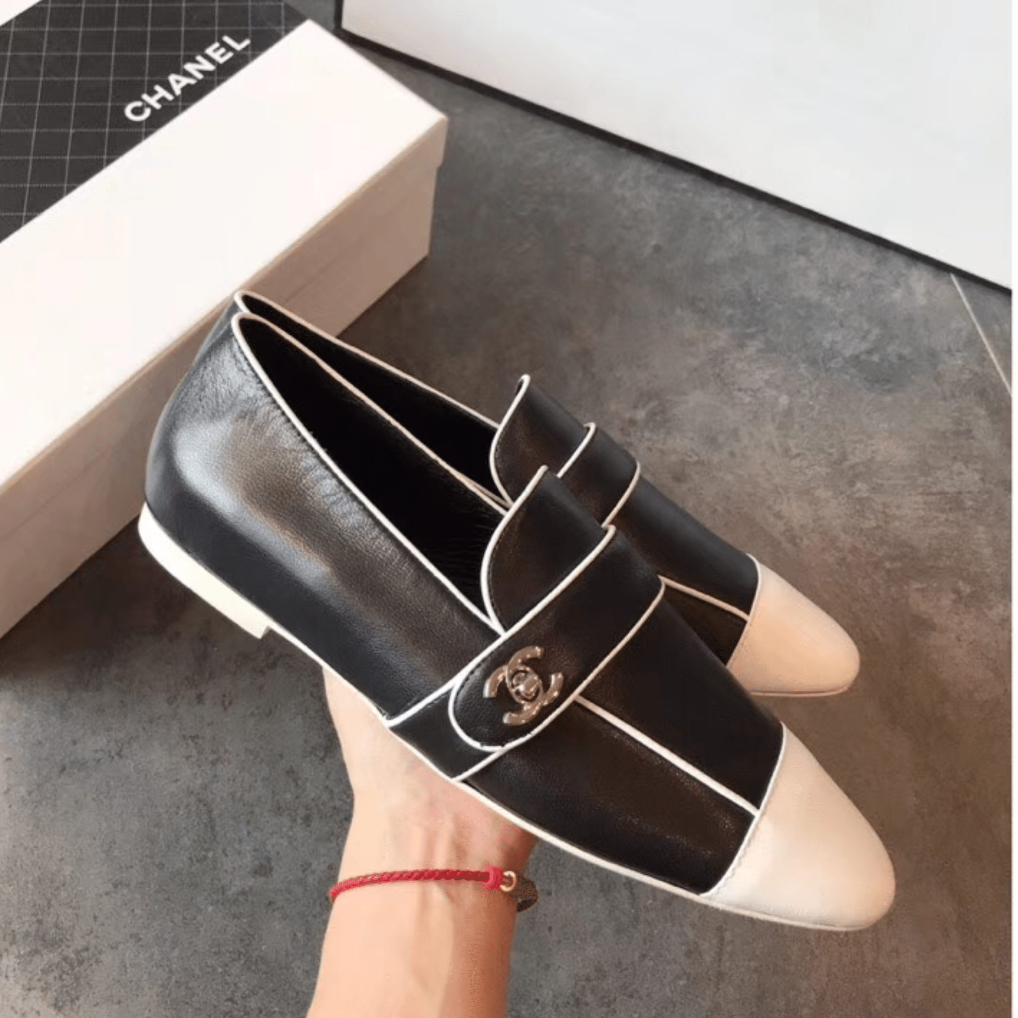 Chanel Leather Cc Cap Toe Slip On Loafers Black